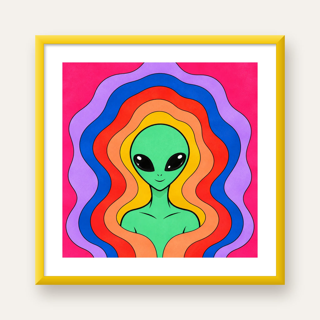 Renkli Uzaylı Portresi Dijital Poster – Modern Pop Art Tasarım — sarı çerçeveli paspartulu