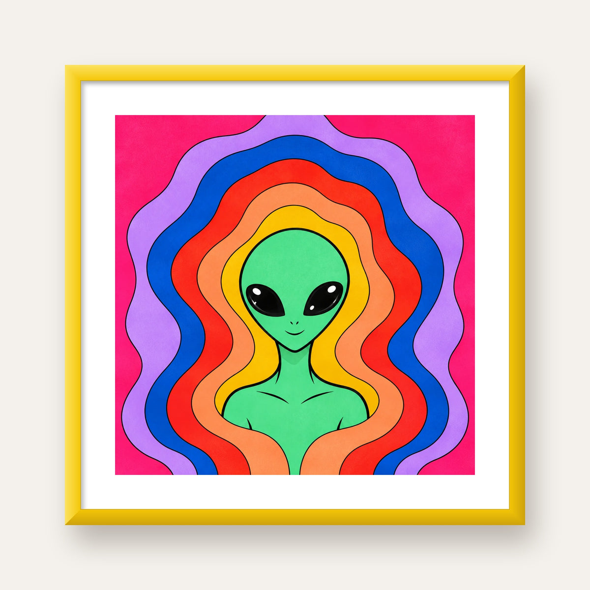 Renkli Uzaylı Portresi Dijital Poster – Modern Pop Art Tasarım — sarı çerçeveli paspartulu