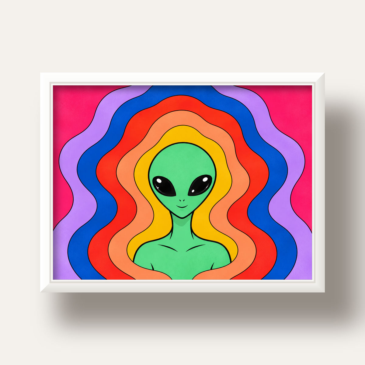 Renkli Uzaylı Portresi Dijital Poster – Modern Pop Art Tasarım — beyaz derin çerçeveli