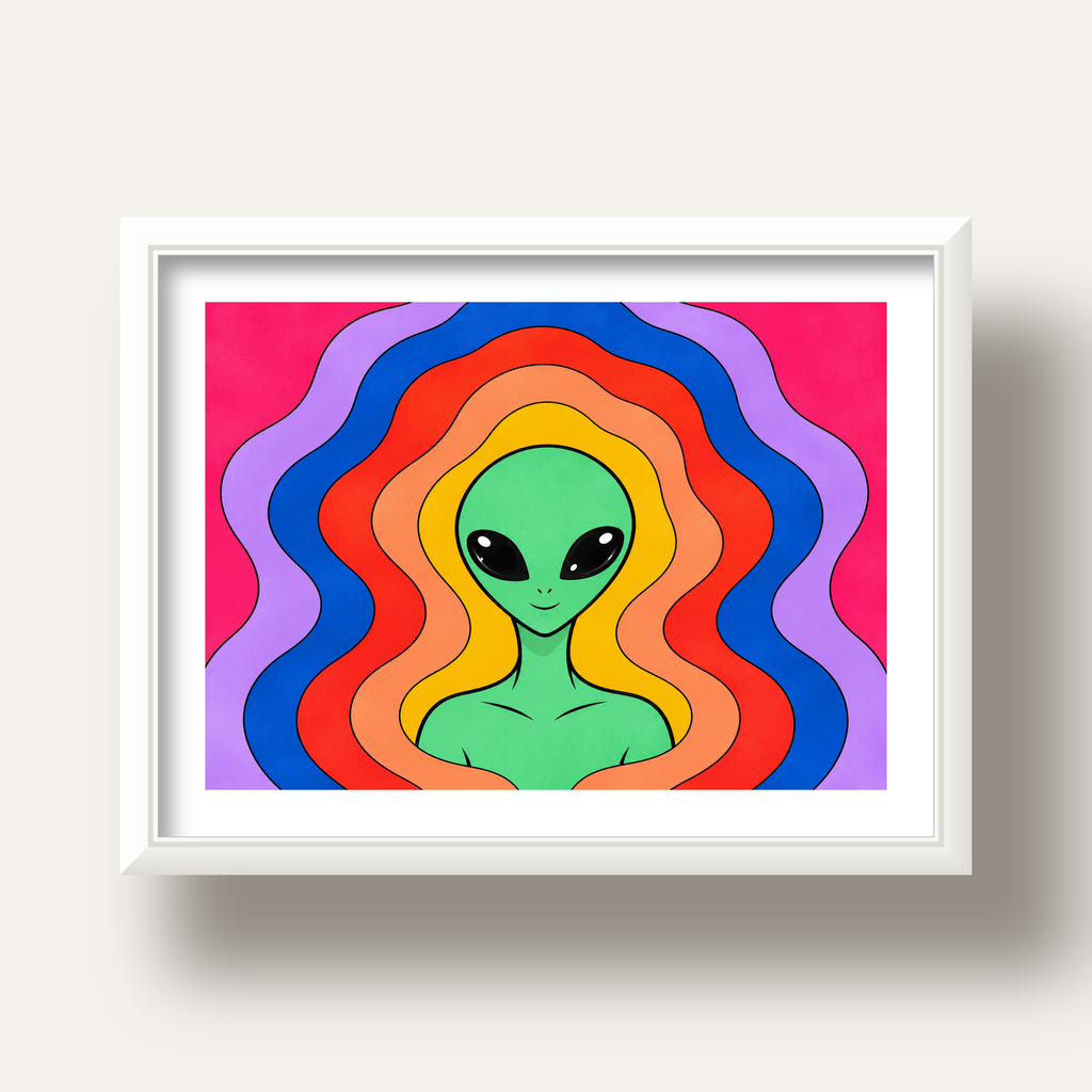 Renkli Uzaylı Portresi Dijital Poster – Modern Pop Art Tasarım — beyaz derin çerçeveli paspartulu