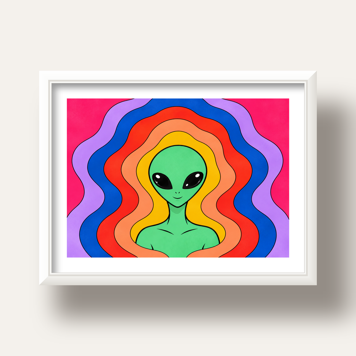 Renkli Uzaylı Portresi Dijital Poster – Modern Pop Art Tasarım — beyaz derin çerçeveli paspartulu