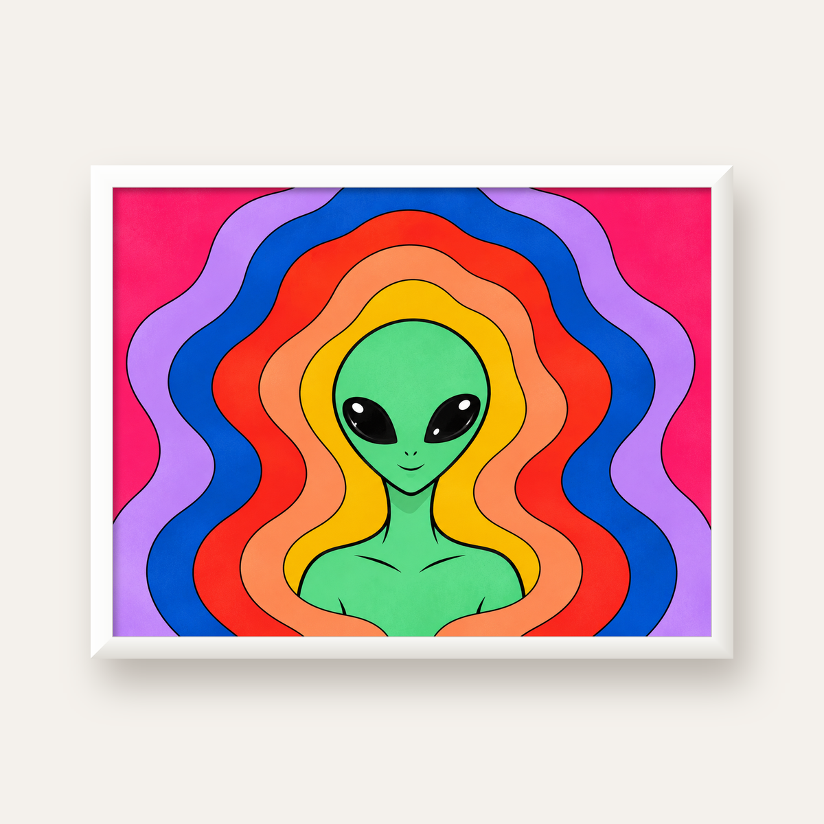 Renkli Uzaylı Portresi Dijital Poster – Modern Pop Art Tasarım — beyaz çerçeveli yatay poster
