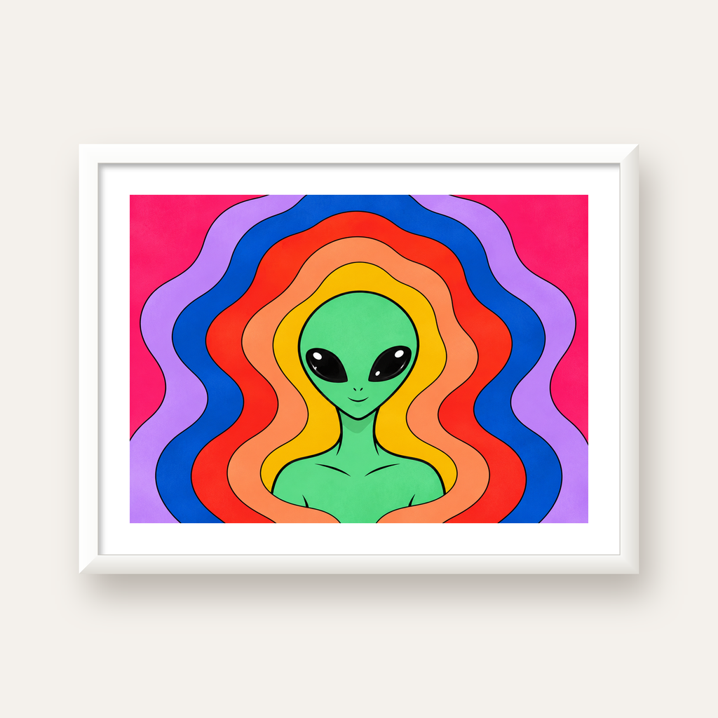 Renkli Uzaylı Portresi Dijital Poster – Modern Pop Art Tasarım — beyaz çerçeveli yatay poster