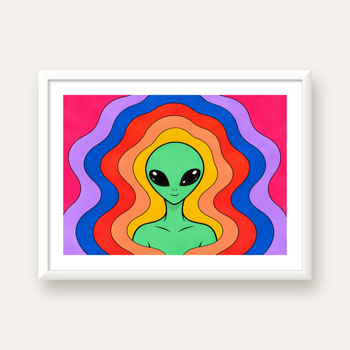 Renkli Uzaylı Portresi Dijital Poster – Modern Pop Art Tasarım — beyaz çerçeveli yatay poster