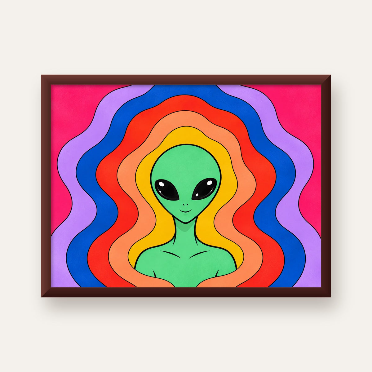 Renkli Uzaylı Portresi Dijital Poster – Modern Pop Art Tasarım — ceviz çerçeveli