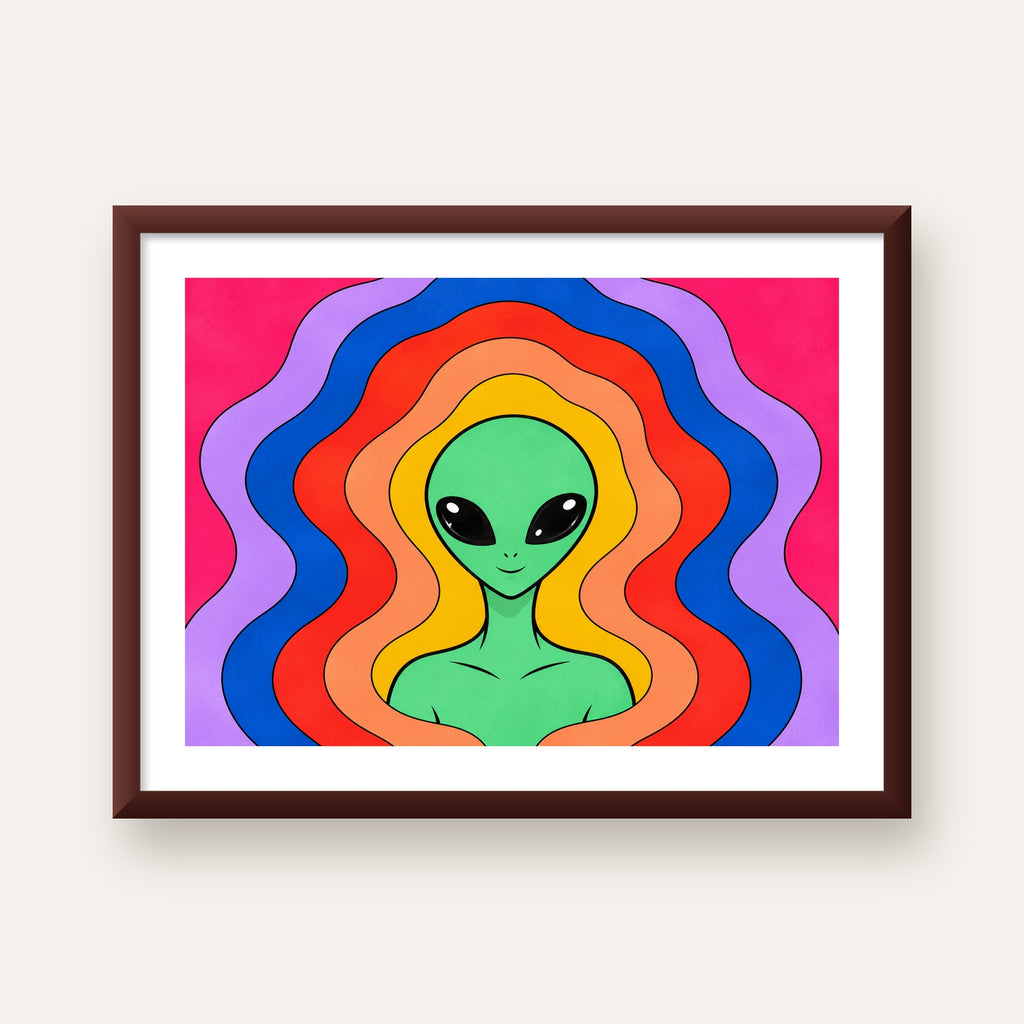 Renkli Uzaylı Portresi Dijital Poster – Modern Pop Art Tasarım — ceviz çerçeveli paspartulu