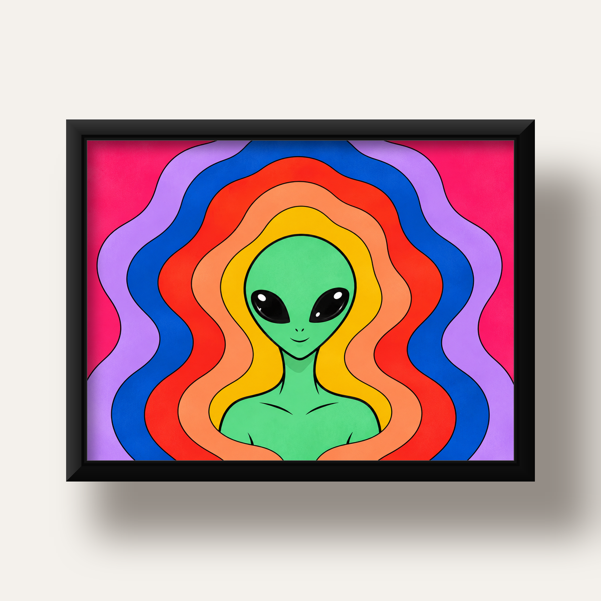 Renkli Uzaylı Portresi Dijital Poster – Modern Pop Art Tasarım — siyah derin çerçeveli