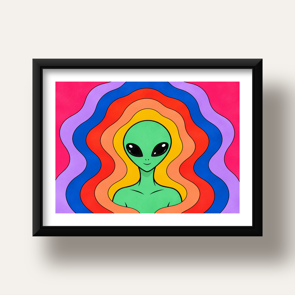 Renkli Uzaylı Portresi Dijital Poster – Modern Pop Art Tasarım — siyah derin çerçeveli paspartulu