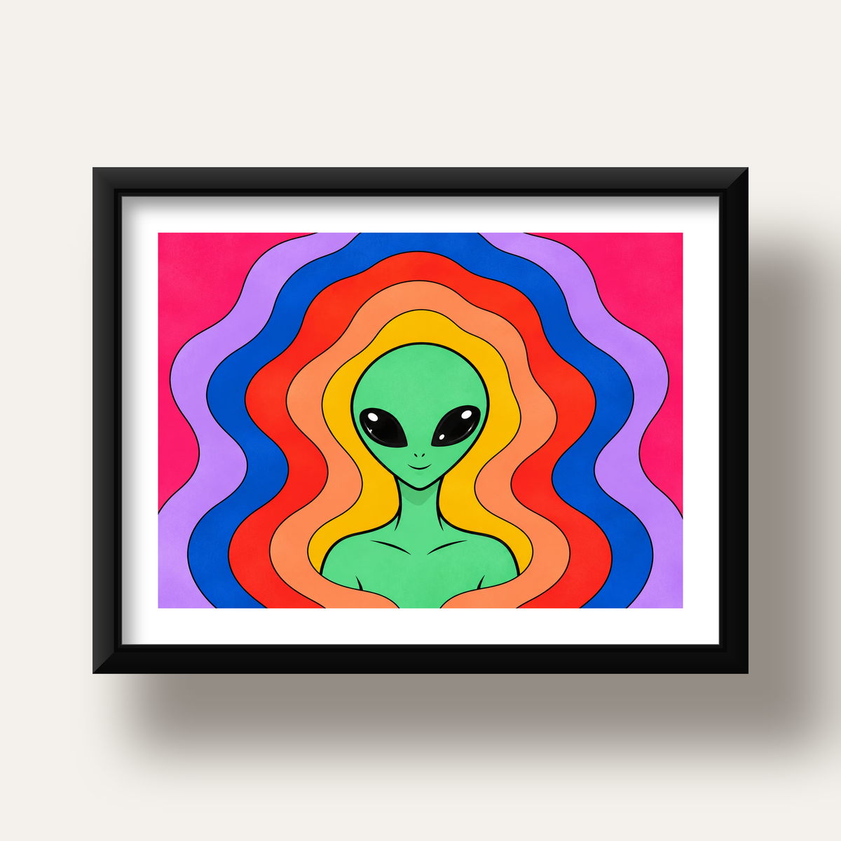 Renkli Uzaylı Portresi Dijital Poster – Modern Pop Art Tasarım — siyah derin çerçeveli paspartulu