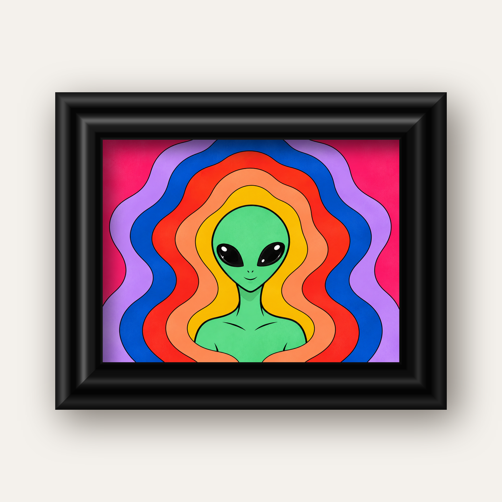 Renkli Uzaylı Portresi Dijital Poster – Modern Pop Art Tasarım — siyah galeri çerçeveli