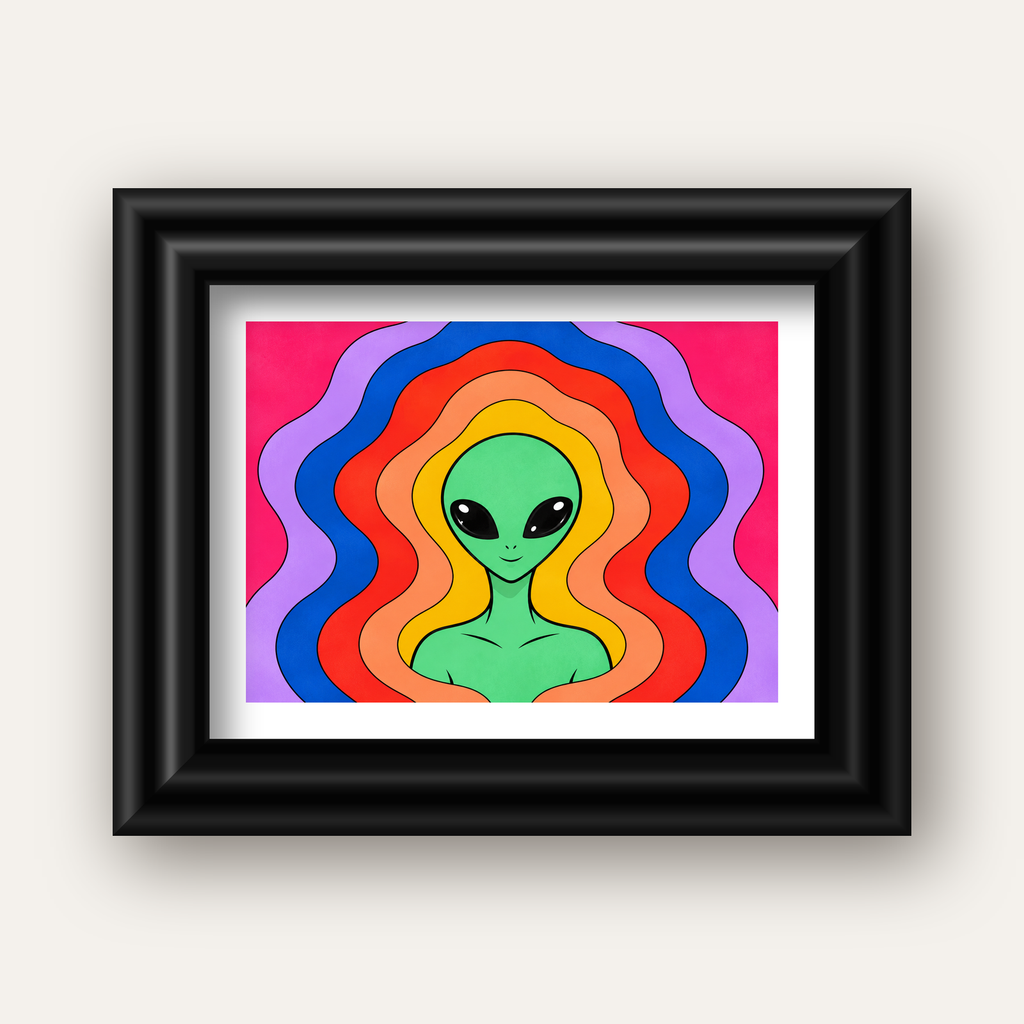 Renkli Uzaylı Portresi Dijital Poster – Modern Pop Art Tasarım — siyah galeri çerçeveli paspartulu