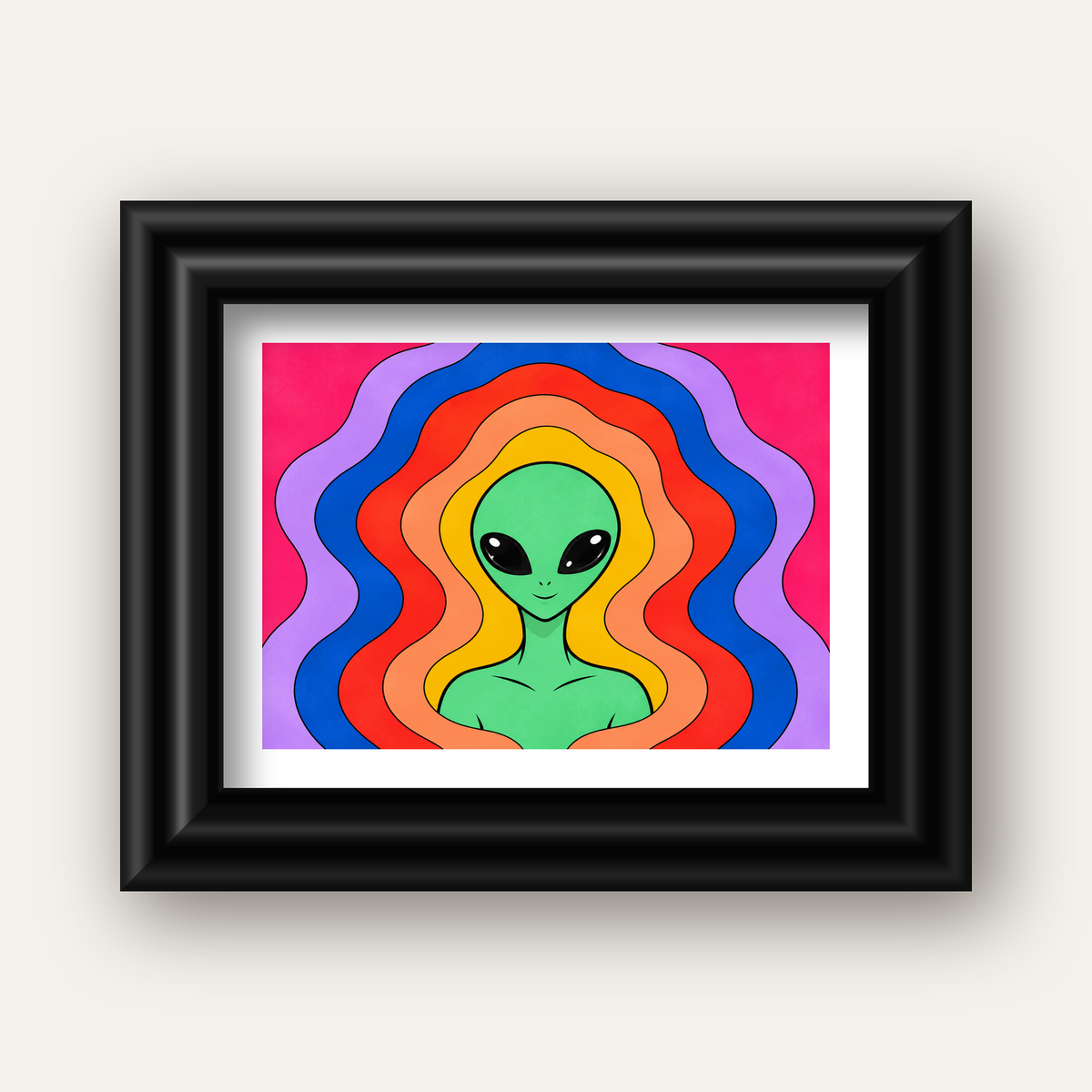 Renkli Uzaylı Portresi Dijital Poster – Modern Pop Art Tasarım — siyah galeri çerçeveli paspartulu