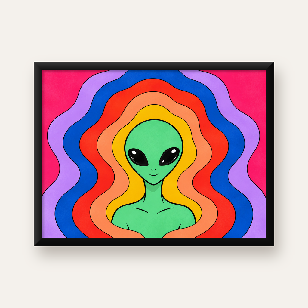 Renkli Uzaylı Portresi Dijital Poster – Modern Pop Art Tasarım — Yatay baskı, düz siyah çerçeveli duvar posteri