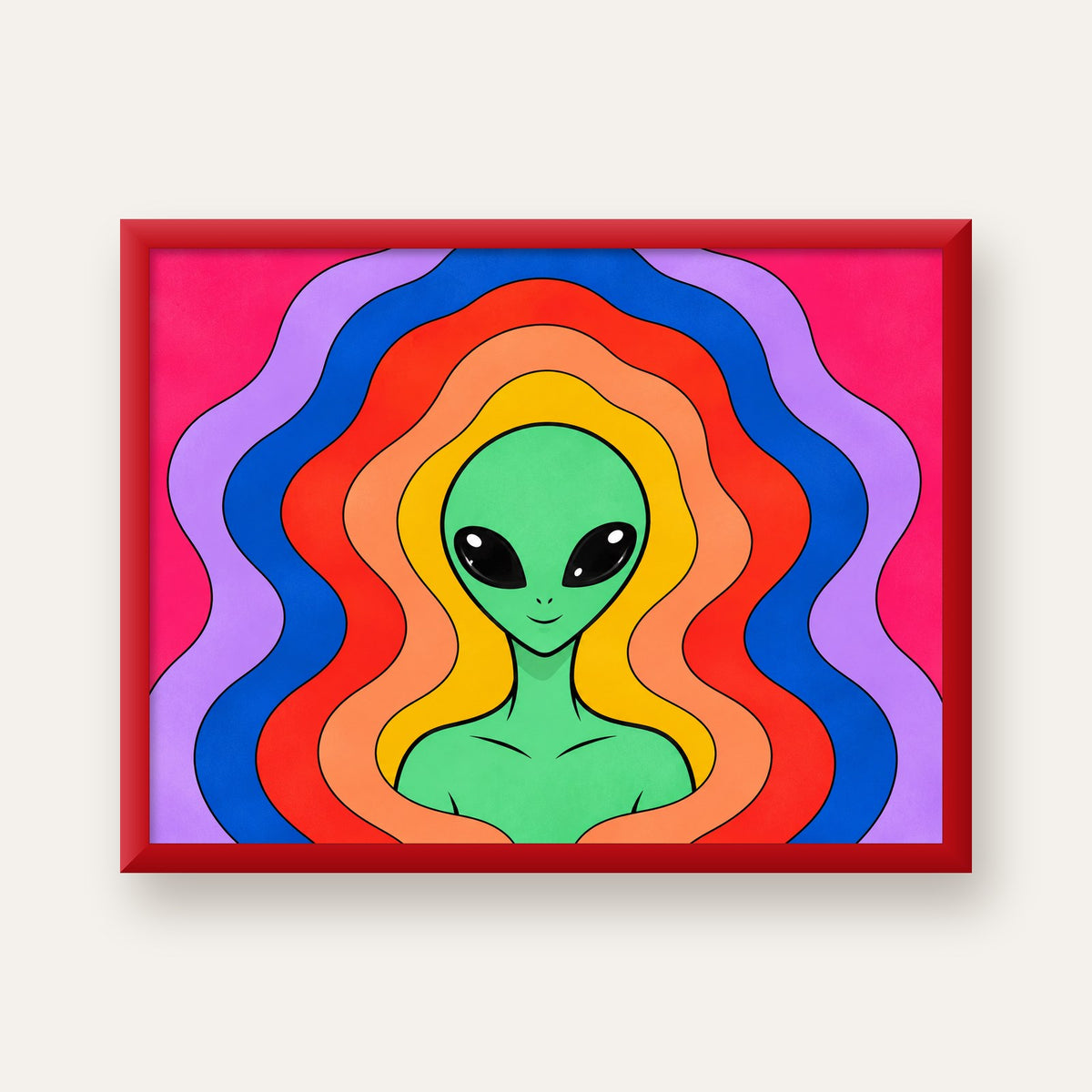 Renkli Uzaylı Portresi Dijital Poster – Modern Pop Art Tasarım — kırmızı çerçeveli