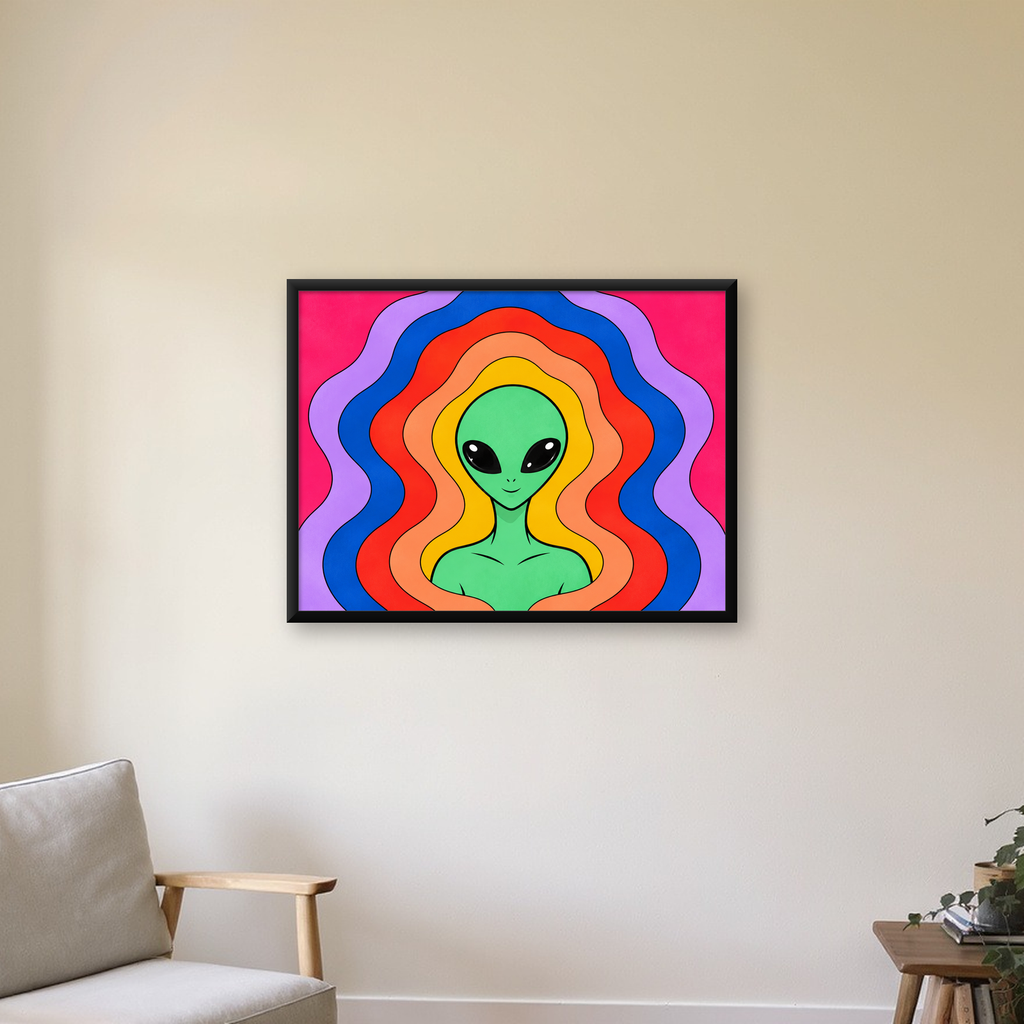 Renkli Uzaylı Portresi Dijital Poster – Modern Pop Art Tasarım — Yatay baskı, çerçeveli hâliyle bir ev duvarında