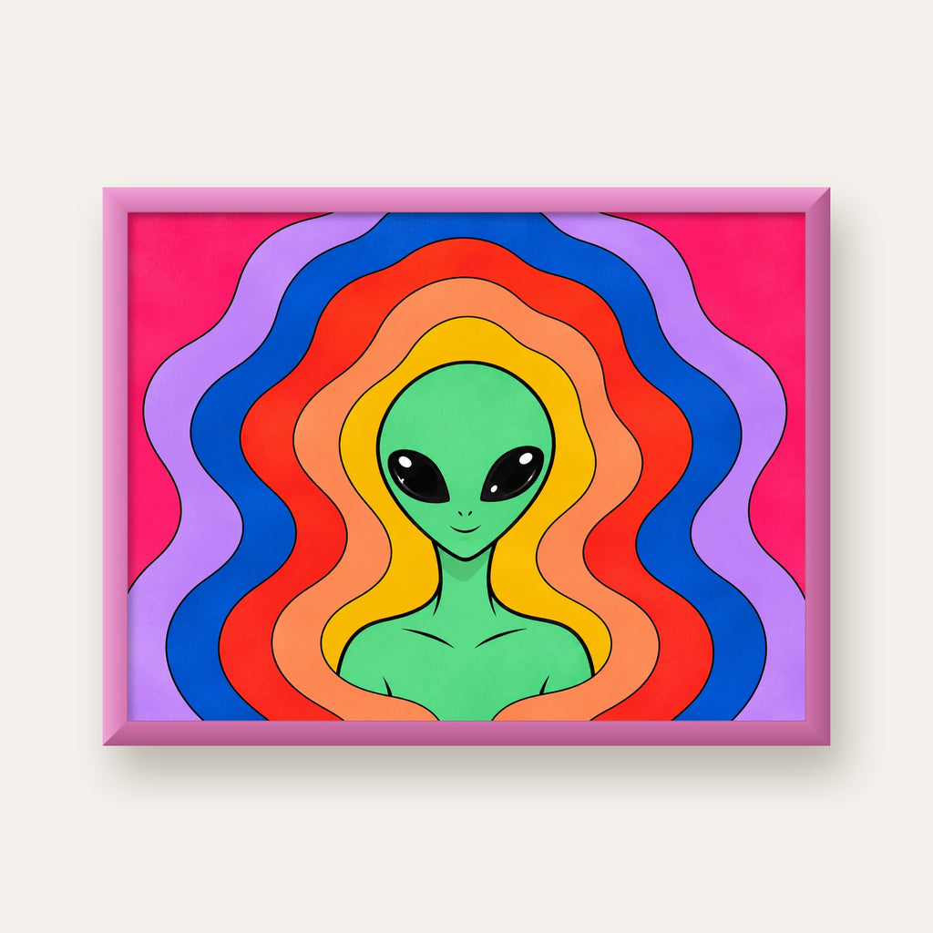 Renkli Uzaylı Portresi Dijital Poster – Modern Pop Art Tasarım — pembe çerçeveli