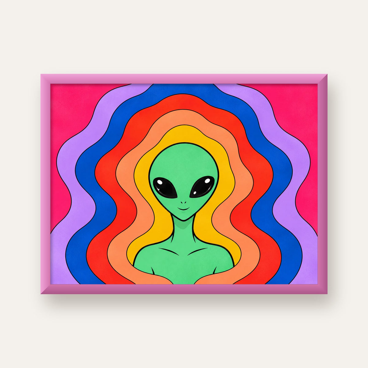 Renkli Uzaylı Portresi Dijital Poster – Modern Pop Art Tasarım — pembe çerçeveli