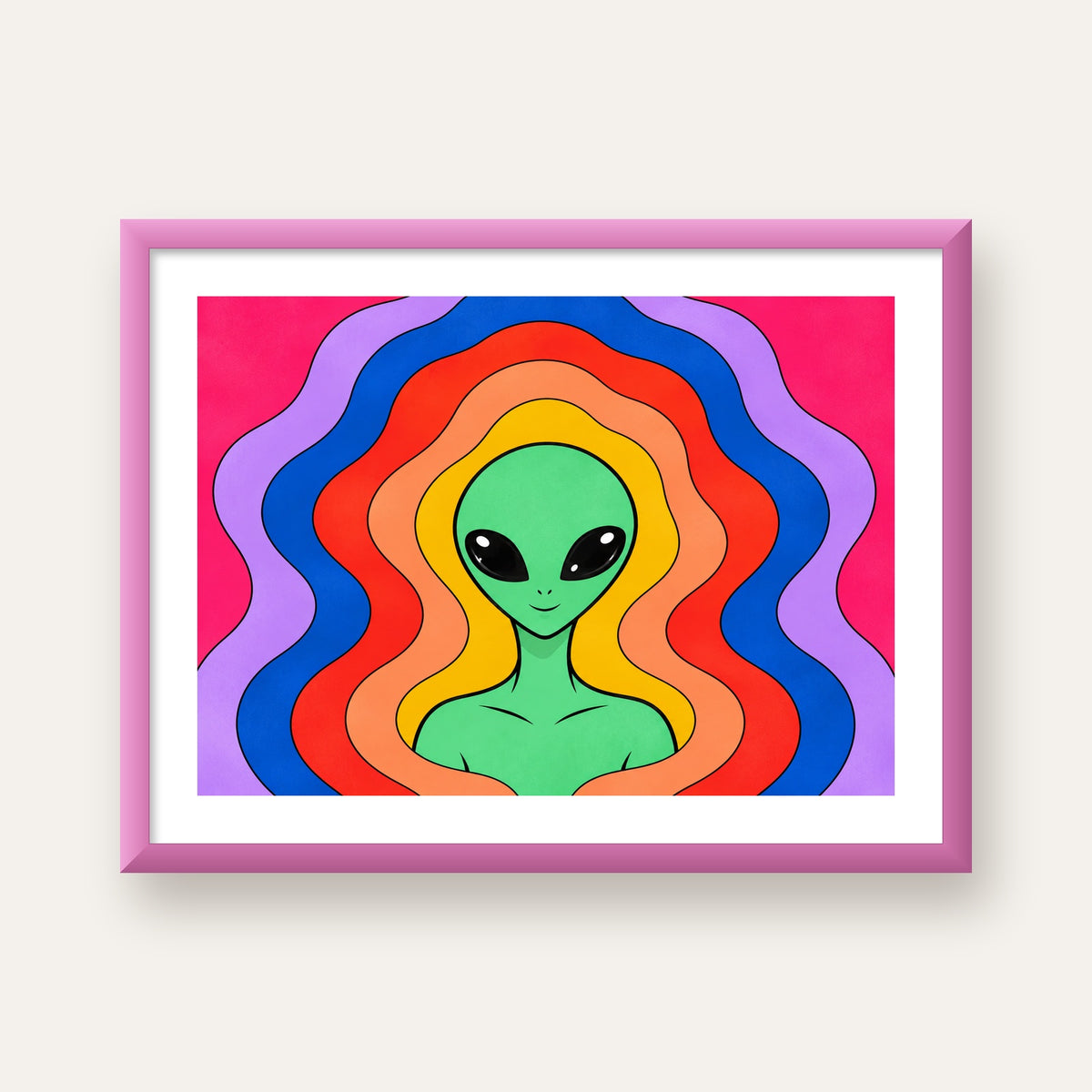 Renkli Uzaylı Portresi Dijital Poster – Modern Pop Art Tasarım — pembe çerçeveli paspartulu