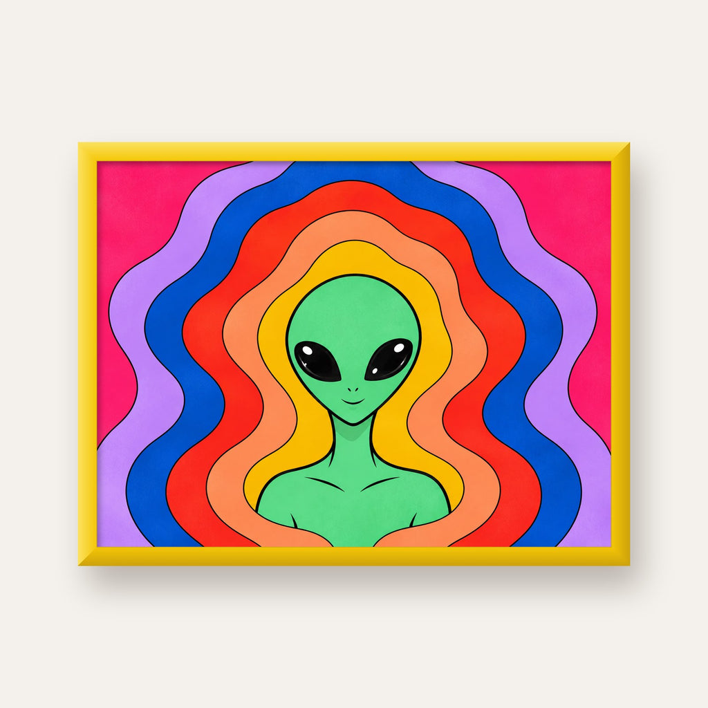 Renkli Uzaylı Portresi Dijital Poster – Modern Pop Art Tasarım — sarı çerçeveli