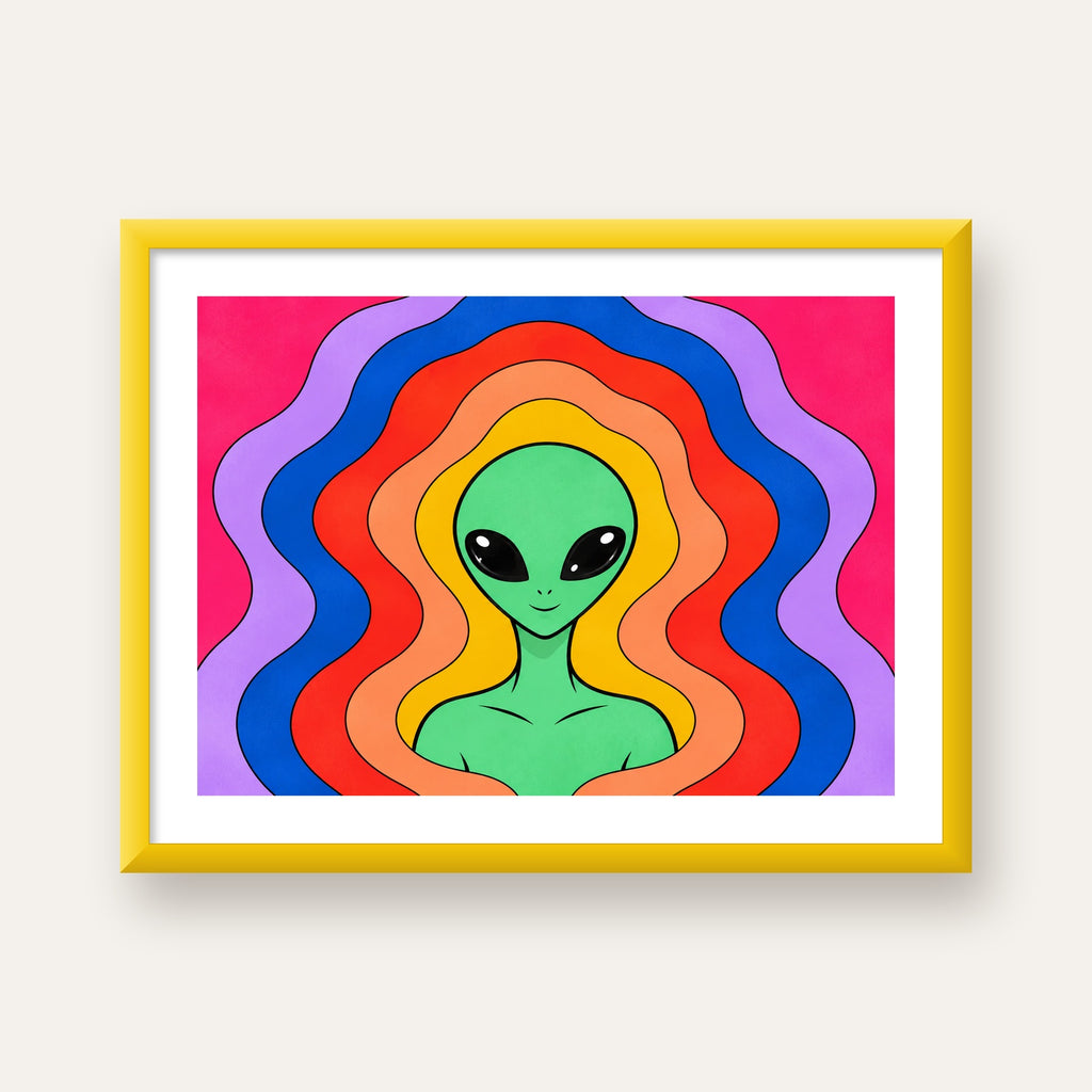 Renkli Uzaylı Portresi Dijital Poster – Modern Pop Art Tasarım — sarı çerçeveli paspartulu