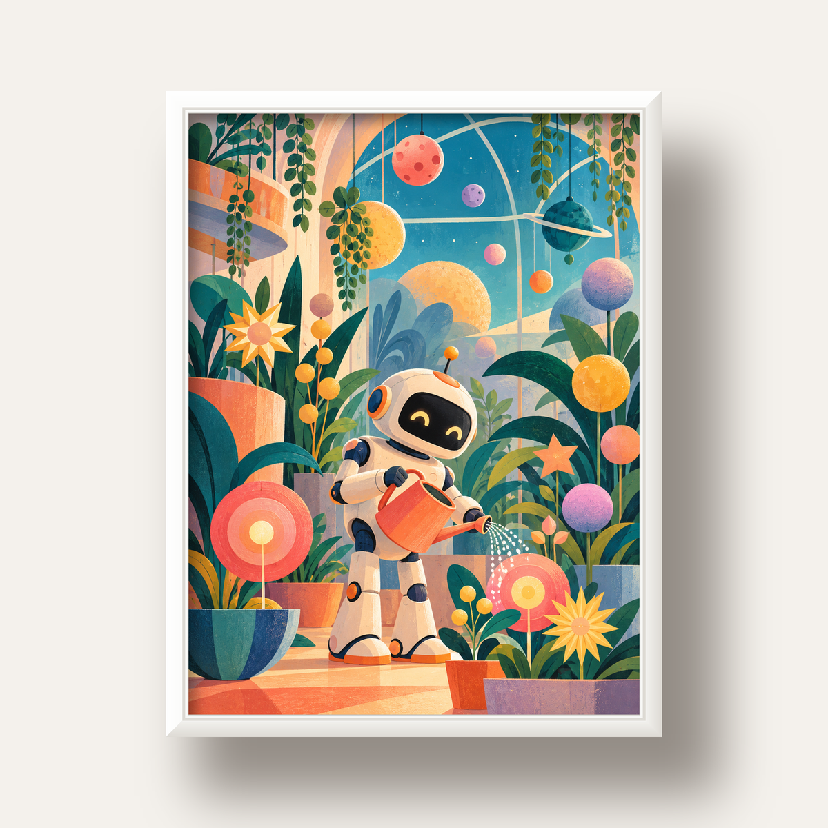 Robot ve Çiçekli Uzay Bahçesi Poster – Dijital İllüstrasyon — beyaz derin çerçeveli