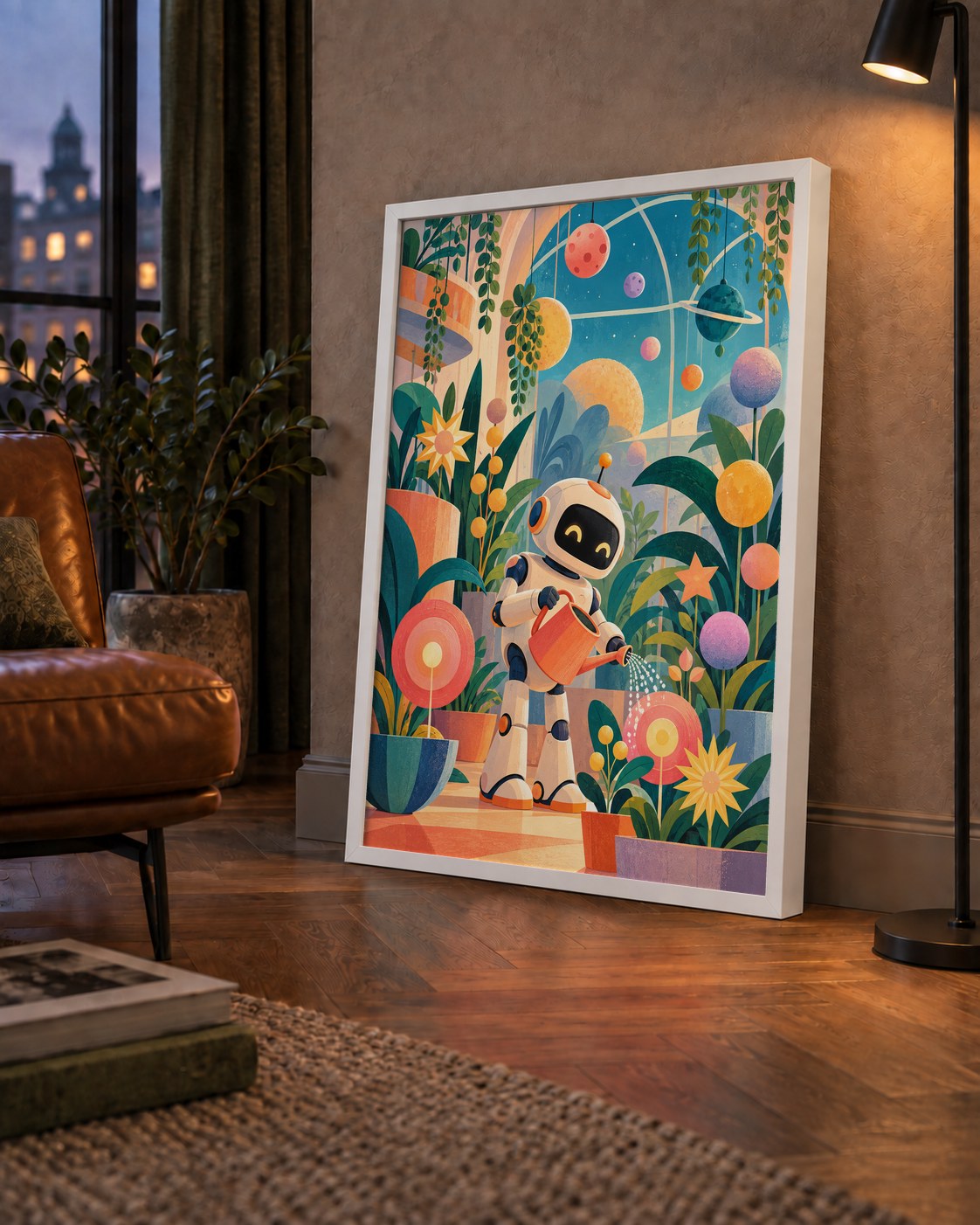 Robot ve Çiçekli Uzay Bahçesi Poster – Dijital İllüstrasyon
