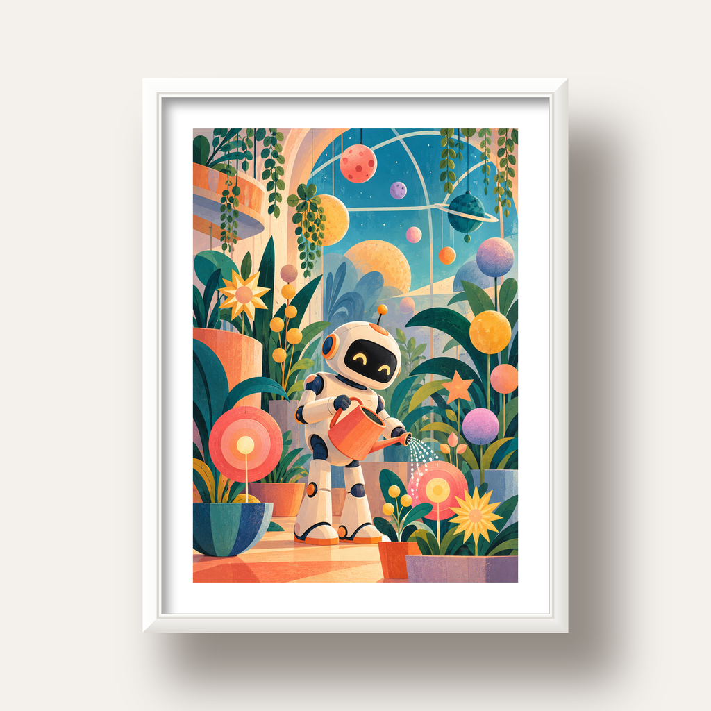 Robot ve Çiçekli Uzay Bahçesi Poster – Dijital İllüstrasyon — beyaz derin çerçeveli paspartulu