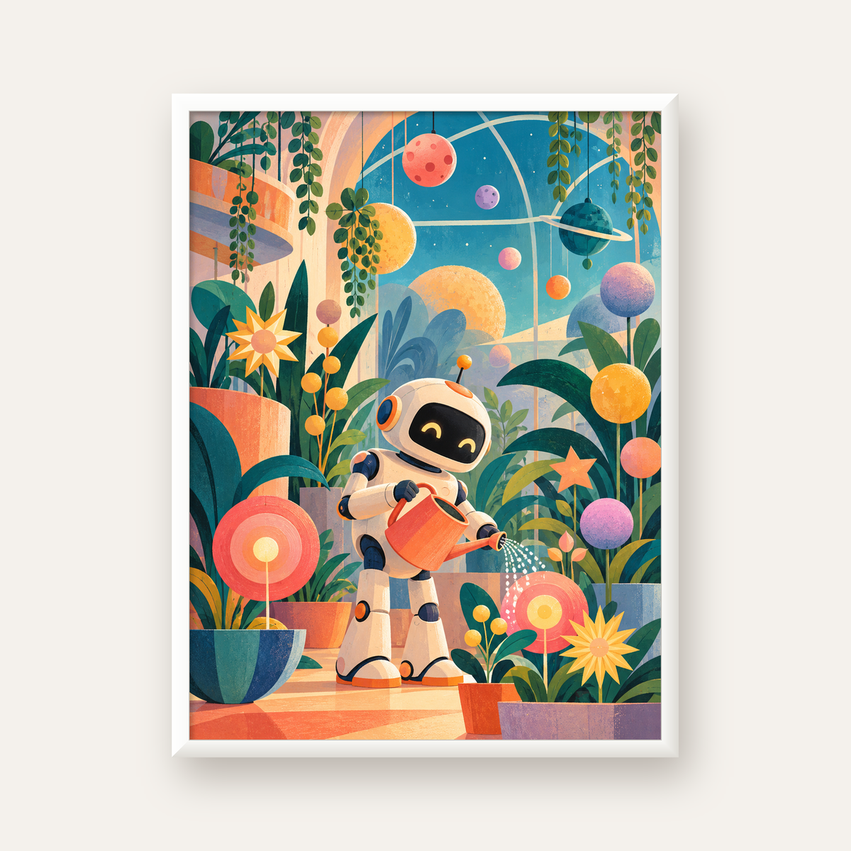Robot ve Çiçekli Uzay Bahçesi Poster – Dijital İllüstrasyon — beyaz çerçeveli dikey poster