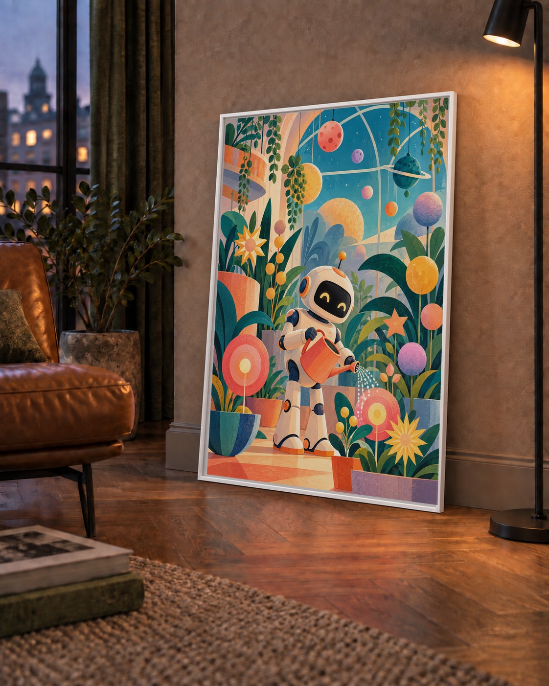 Robot ve Çiçekli Uzay Bahçesi Poster – Dijital İllüstrasyon