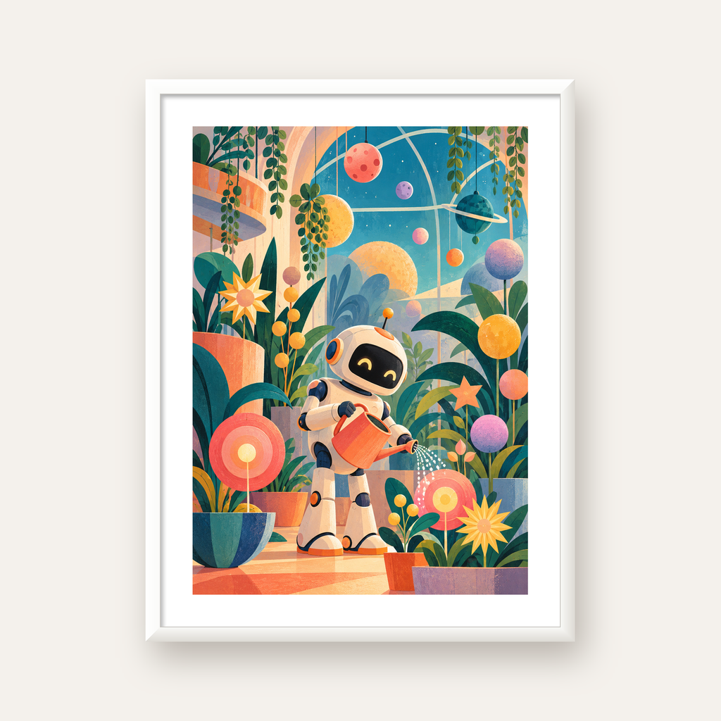 Robot ve Çiçekli Uzay Bahçesi Poster – Dijital İllüstrasyon — beyaz çerçeveli dikey poster
