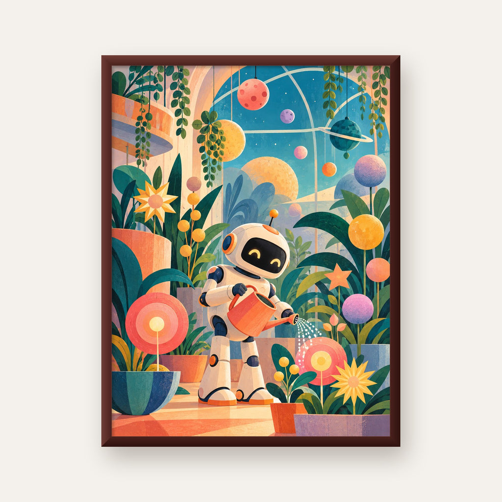 Robot ve Çiçekli Uzay Bahçesi Poster – Dijital İllüstrasyon — ceviz çerçeveli
