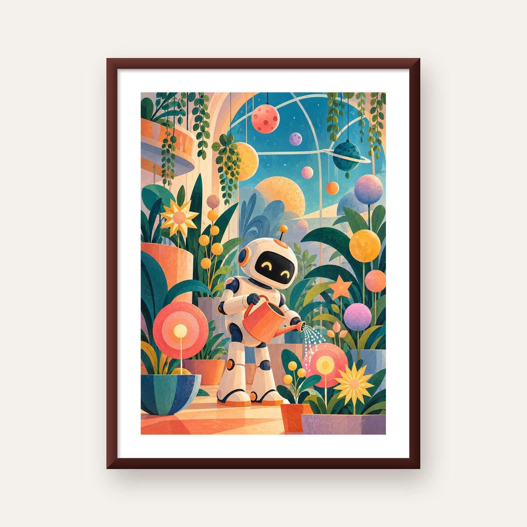 Robot ve Çiçekli Uzay Bahçesi Poster – Dijital İllüstrasyon — ceviz çerçeveli paspartulu