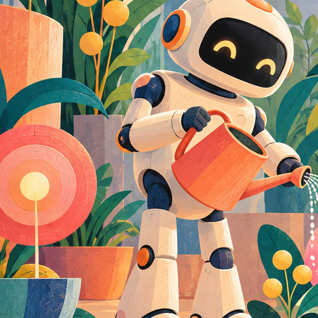 Robot ve Çiçekli Uzay Bahçesi Poster – Dijital İllüstrasyon — baskının yakın çekimi, kâğıt dokusu ve renk detayı