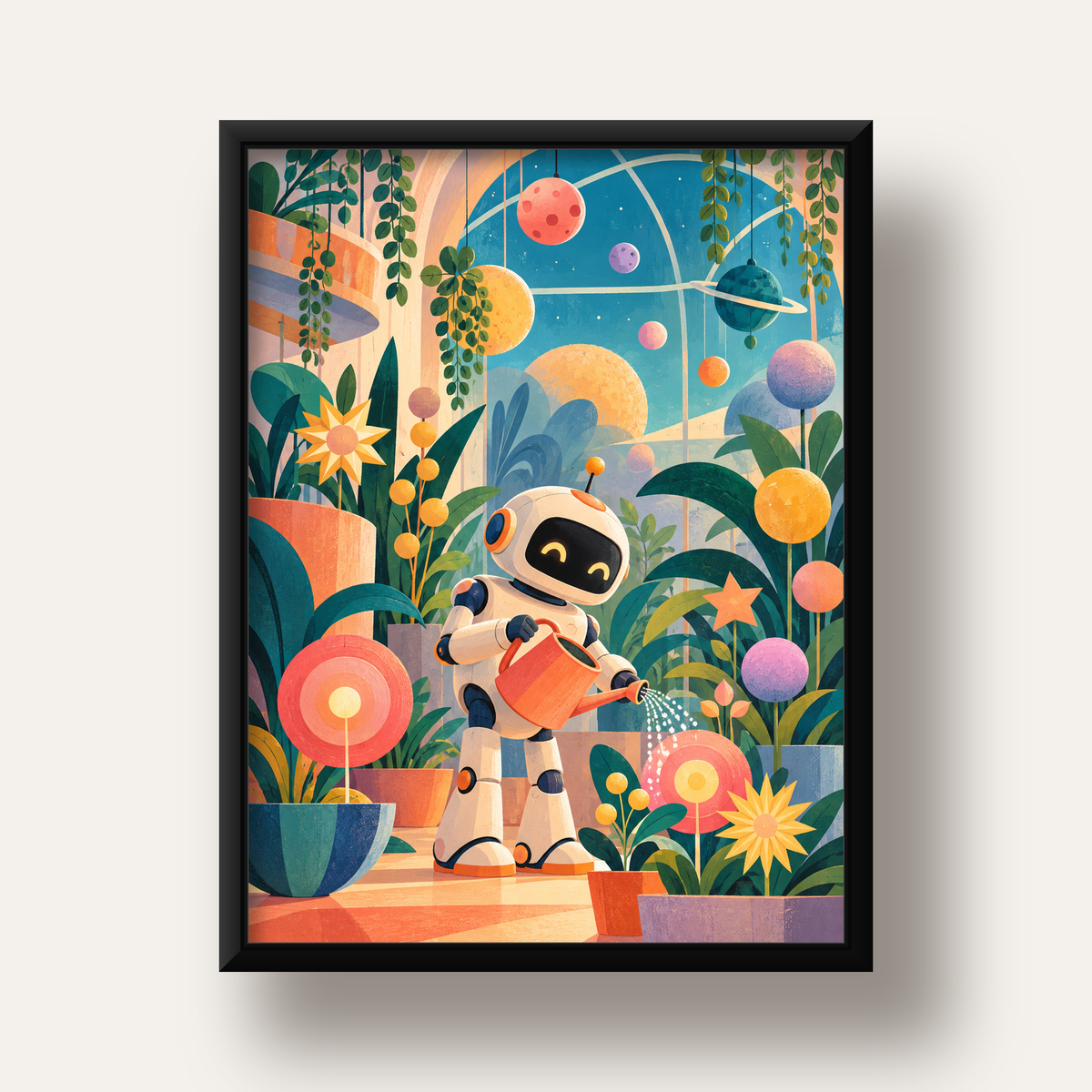 Robot ve Çiçekli Uzay Bahçesi Poster – Dijital İllüstrasyon — siyah derin çerçeveli