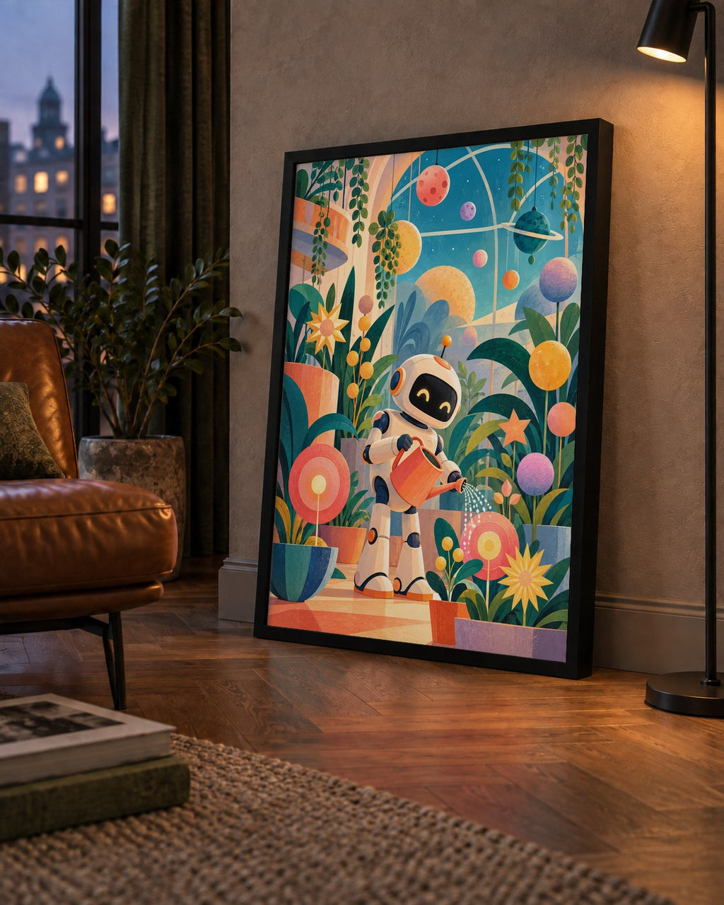 Robot ve Çiçekli Uzay Bahçesi Poster – Dijital İllüstrasyon