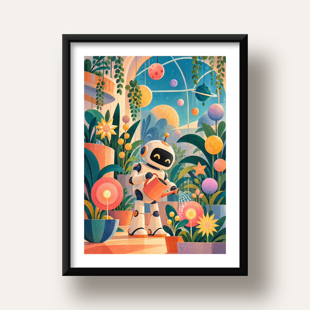 Robot ve Çiçekli Uzay Bahçesi Poster – Dijital İllüstrasyon — siyah derin çerçeveli paspartulu