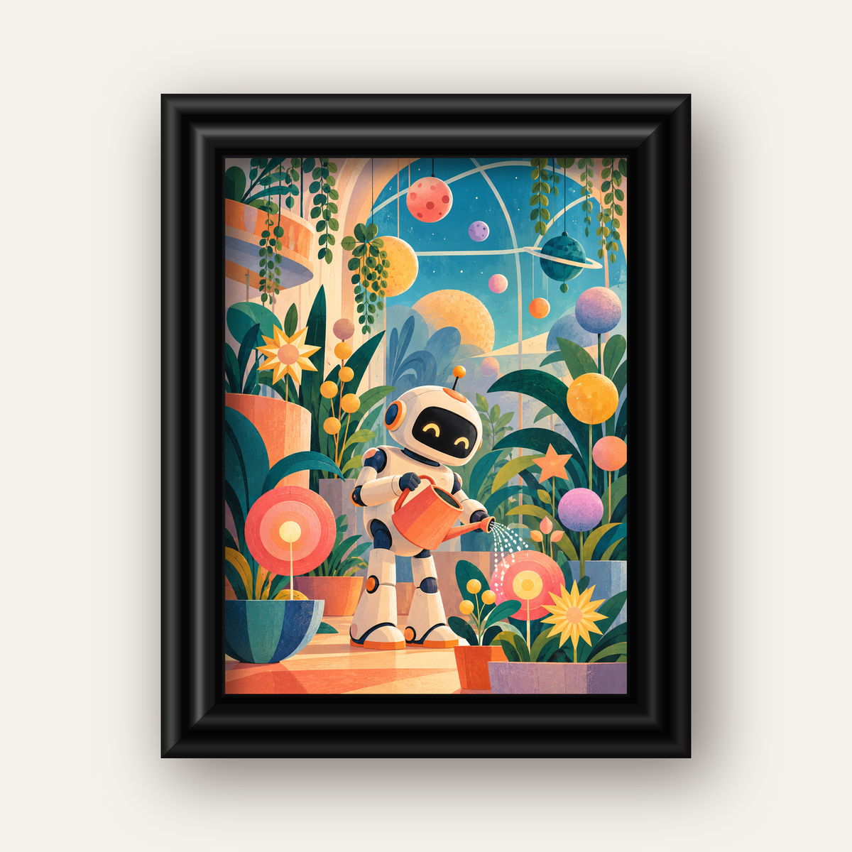 Robot ve Çiçekli Uzay Bahçesi Poster – Dijital İllüstrasyon — siyah galeri çerçeveli