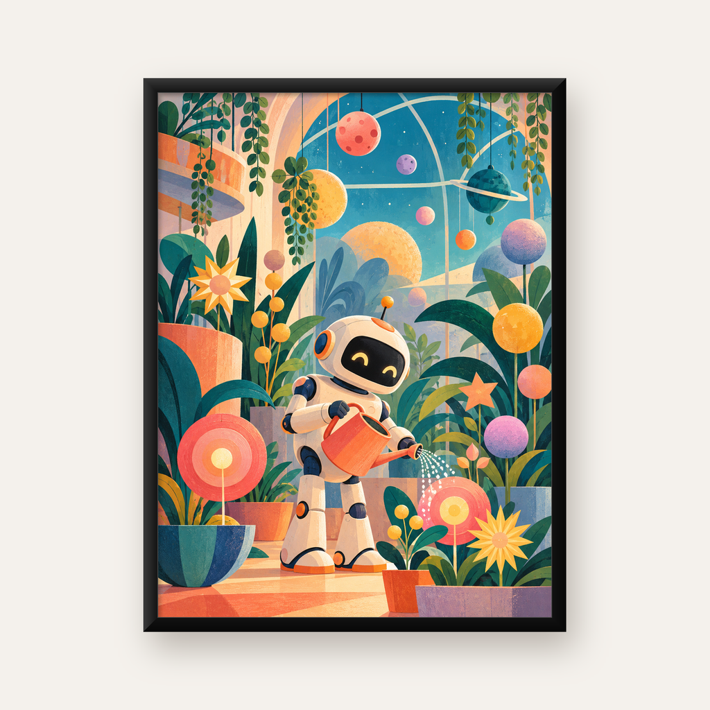 Robot ve Çiçekli Uzay Bahçesi Poster – Dijital İllüstrasyon — Dikey baskı, düz siyah çerçeveli duvar posteri