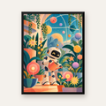 Robot ve Çiçekli Uzay Bahçesi Poster – Dijital İllüstrasyon — Dikey baskı, düz siyah çerçeveli duvar posteri
