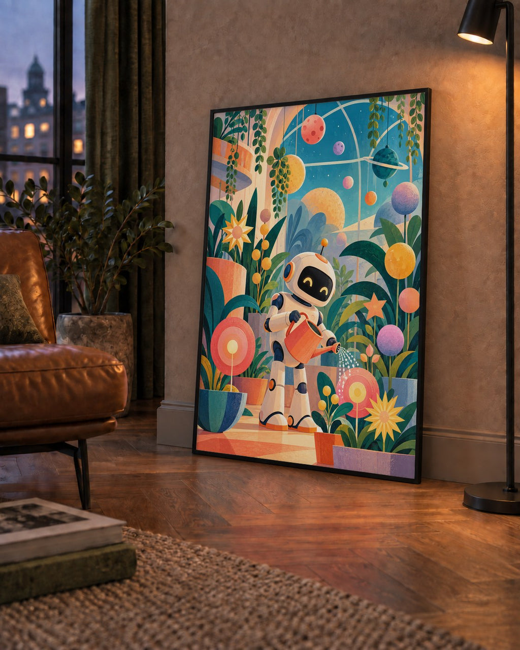 Robot ve Çiçekli Uzay Bahçesi Poster – Dijital İllüstrasyon