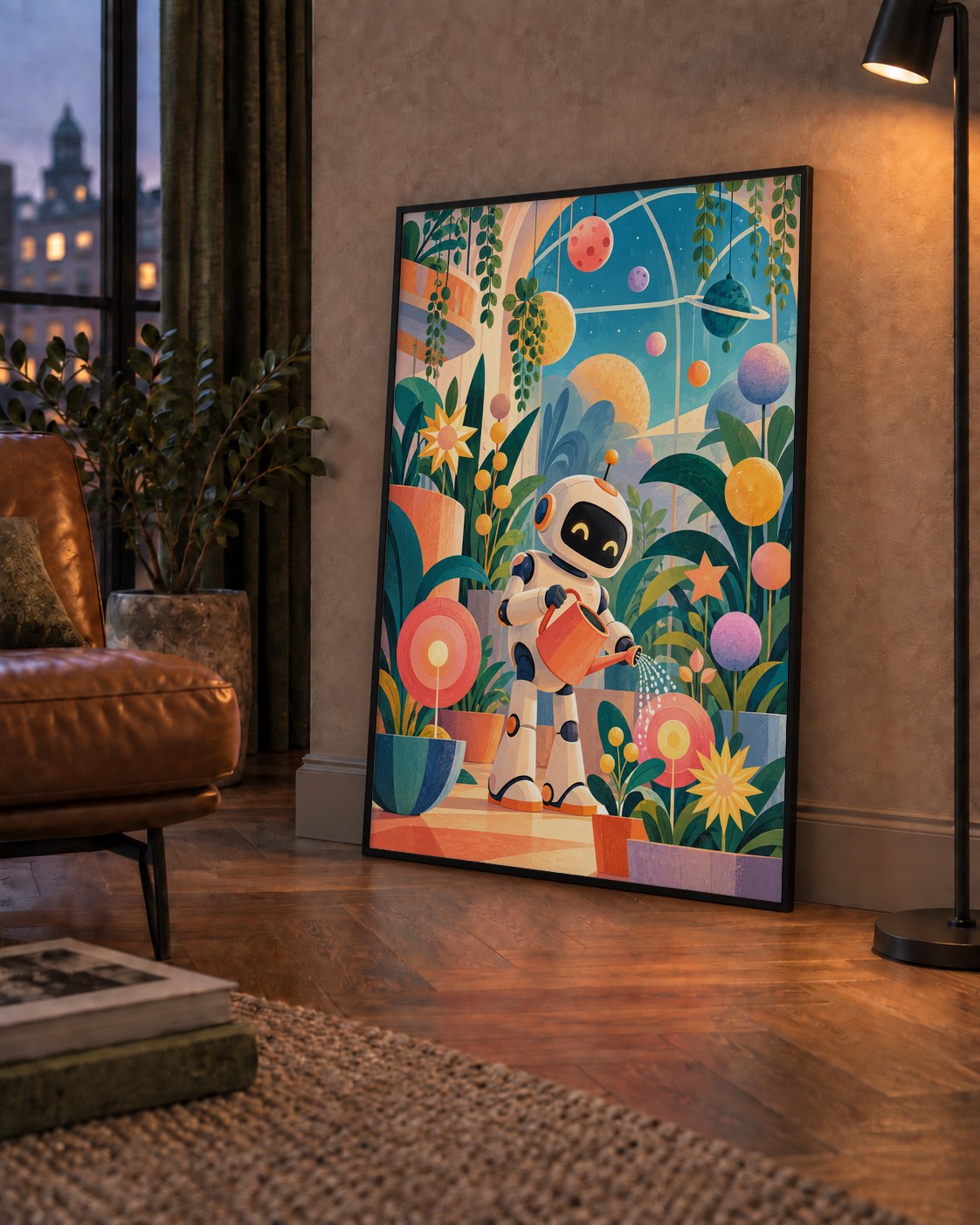 Robot ve Çiçekli Uzay Bahçesi Poster – Dijital İllüstrasyon