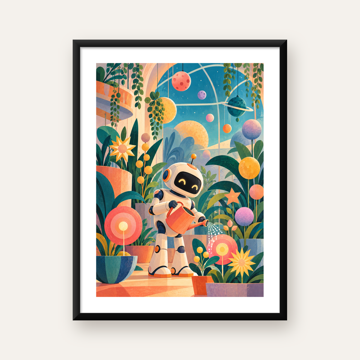 Robot ve Çiçekli Uzay Bahçesi Poster – Dijital İllüstrasyon — Dikey baskı, beyaz paspartulu