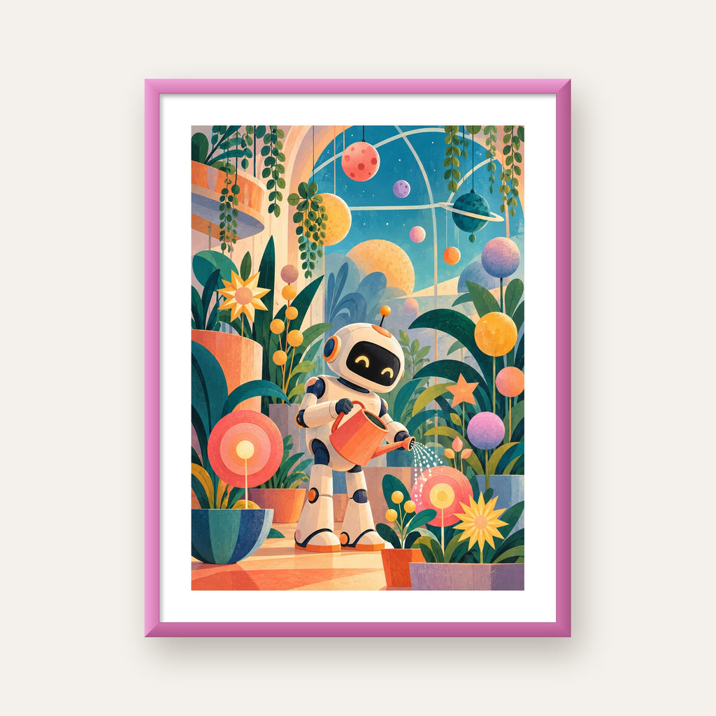 Robot ve Çiçekli Uzay Bahçesi Poster – Dijital İllüstrasyon — pembe çerçeveli paspartulu