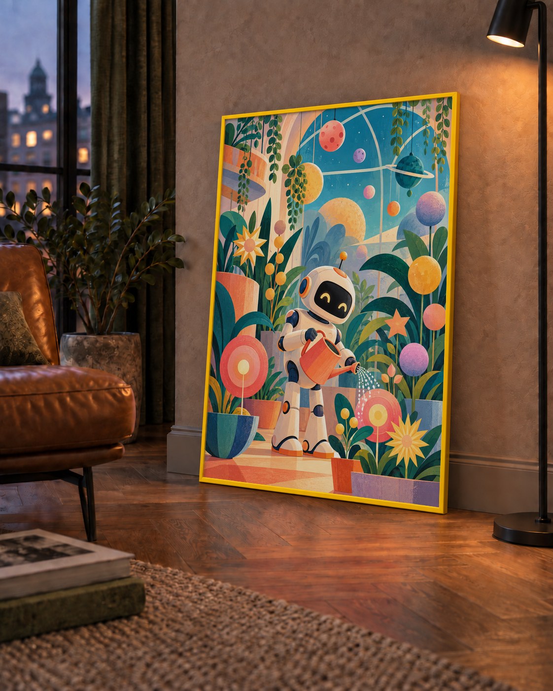 Robot ve Çiçekli Uzay Bahçesi Poster – Dijital İllüstrasyon