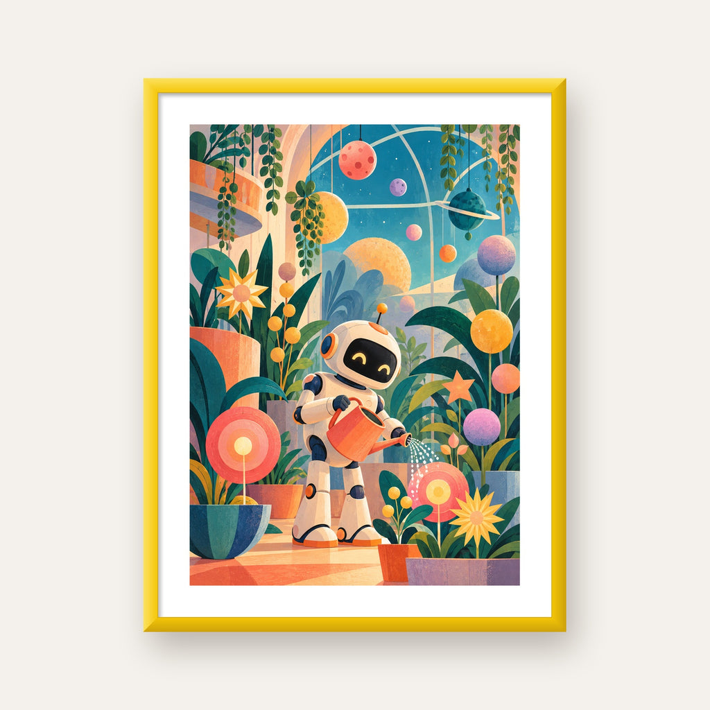 Robot ve Çiçekli Uzay Bahçesi Poster – Dijital İllüstrasyon — sarı çerçeveli paspartulu