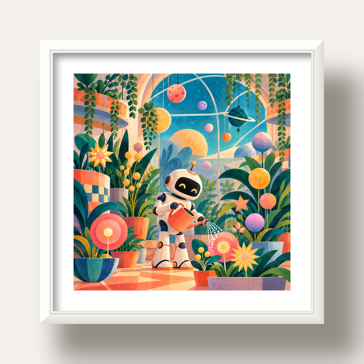 Robot ve Çiçekli Uzay Bahçesi Poster – Dijital İllüstrasyon — beyaz derin çerçeveli paspartulu