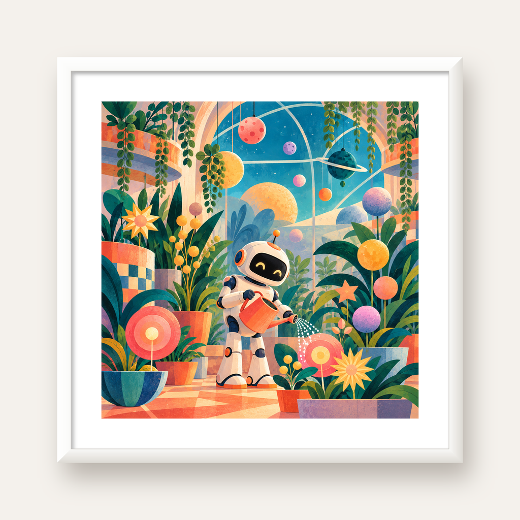 Robot ve Çiçekli Uzay Bahçesi Poster – Dijital İllüstrasyon — beyaz çerçeveli kare poster