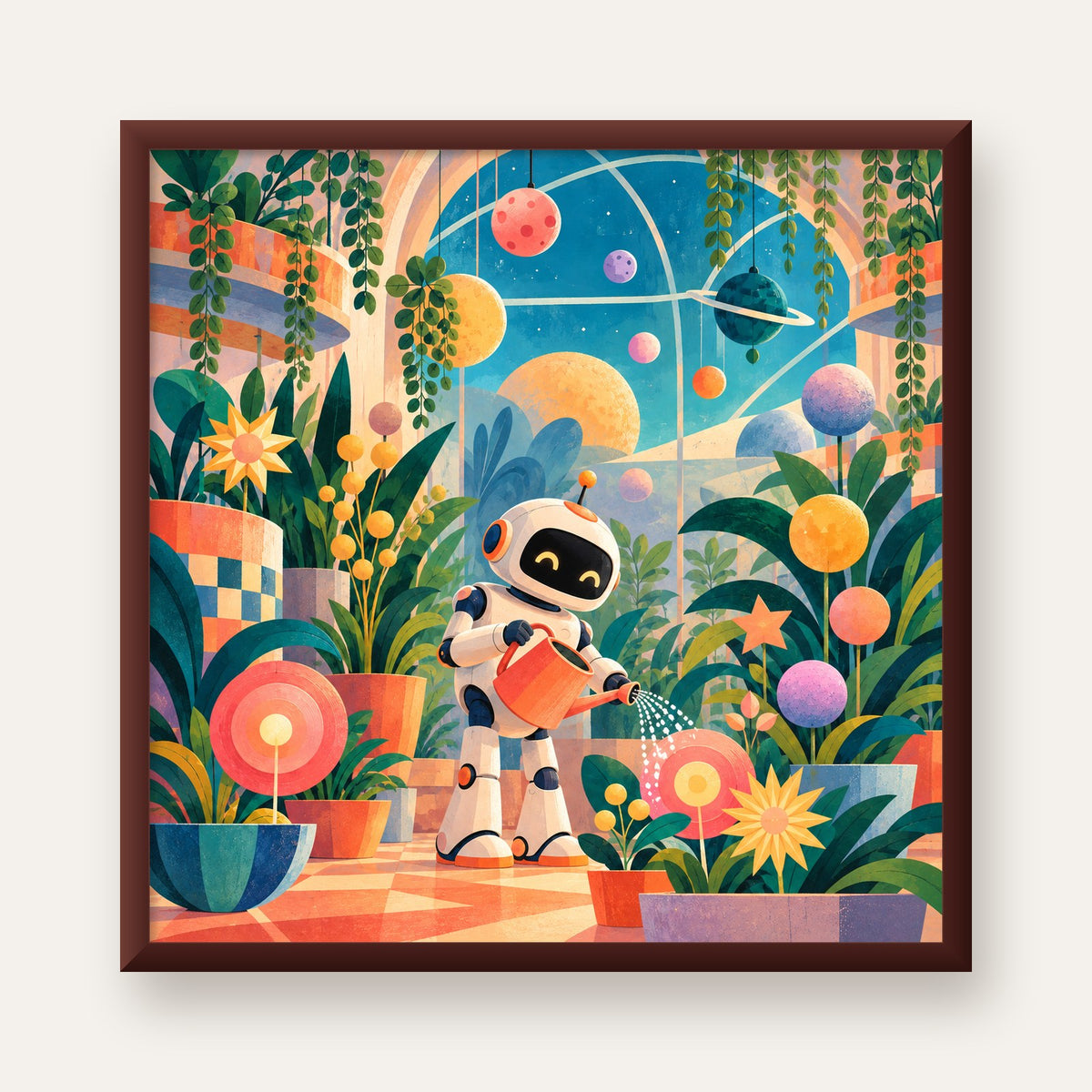 Robot ve Çiçekli Uzay Bahçesi Poster – Dijital İllüstrasyon — ceviz çerçeveli