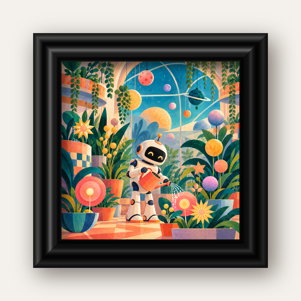 Robot ve Çiçekli Uzay Bahçesi Poster – Dijital İllüstrasyon — siyah galeri çerçeveli