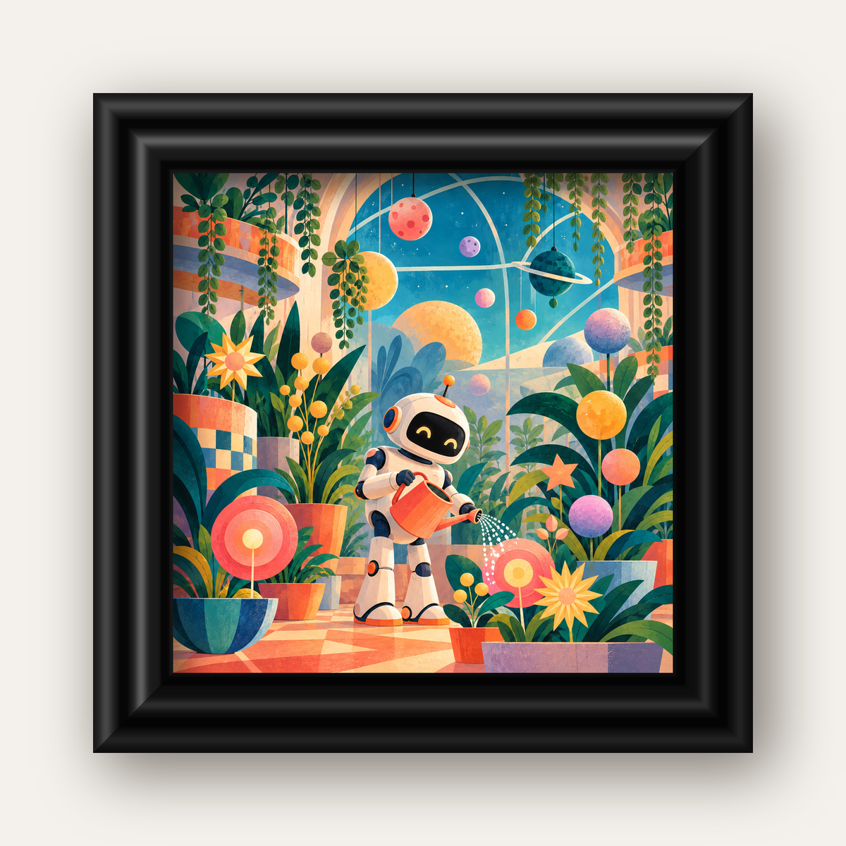 Robot ve Çiçekli Uzay Bahçesi Poster – Dijital İllüstrasyon — siyah galeri çerçeveli